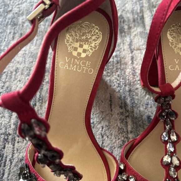Vince Camuto Red Jewel Embellished T-Strap Heels - Picture 3 of 6